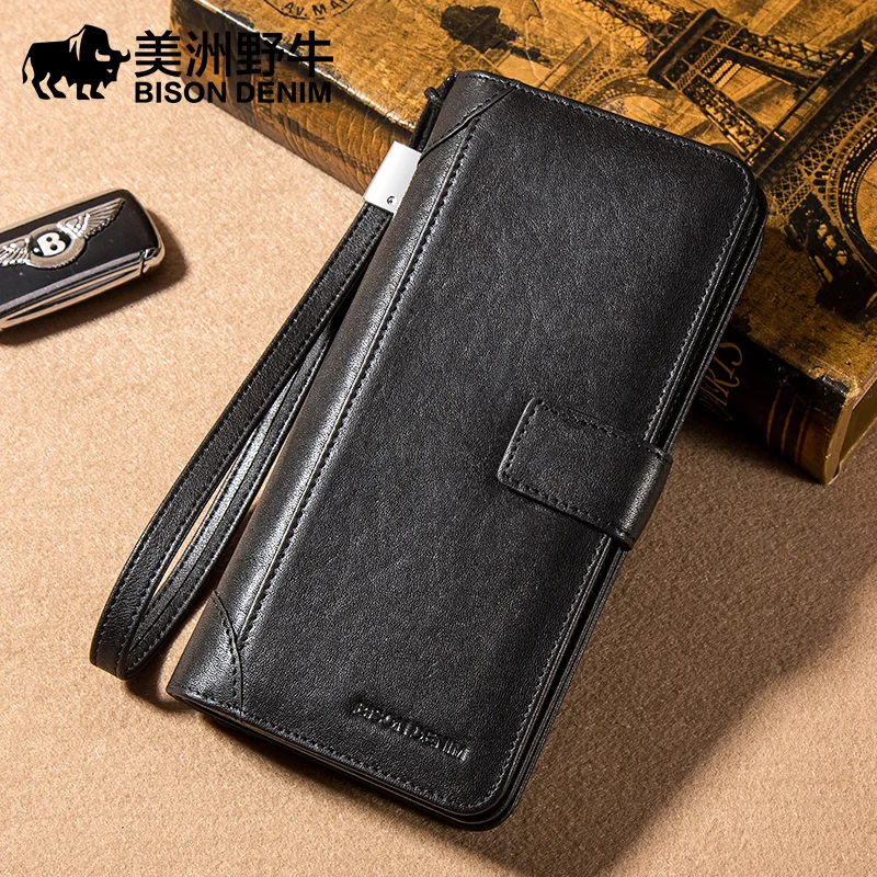 BISON DENIM модный длинный мужской кошелек из воловьей кожи клатч на молнии