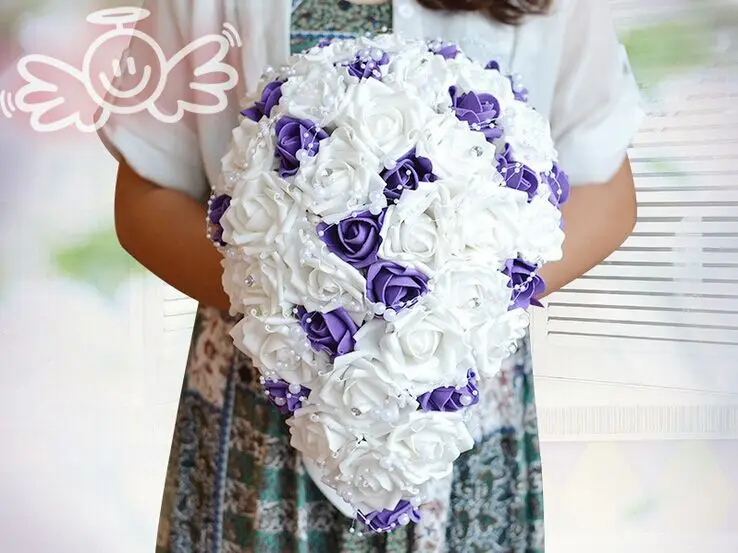 

JaneVini Waterfall Purple Bridal Bouquet with Pearls White Foam Roses Artificial Flowers Wedding Bouquets Bouquet De Mariage