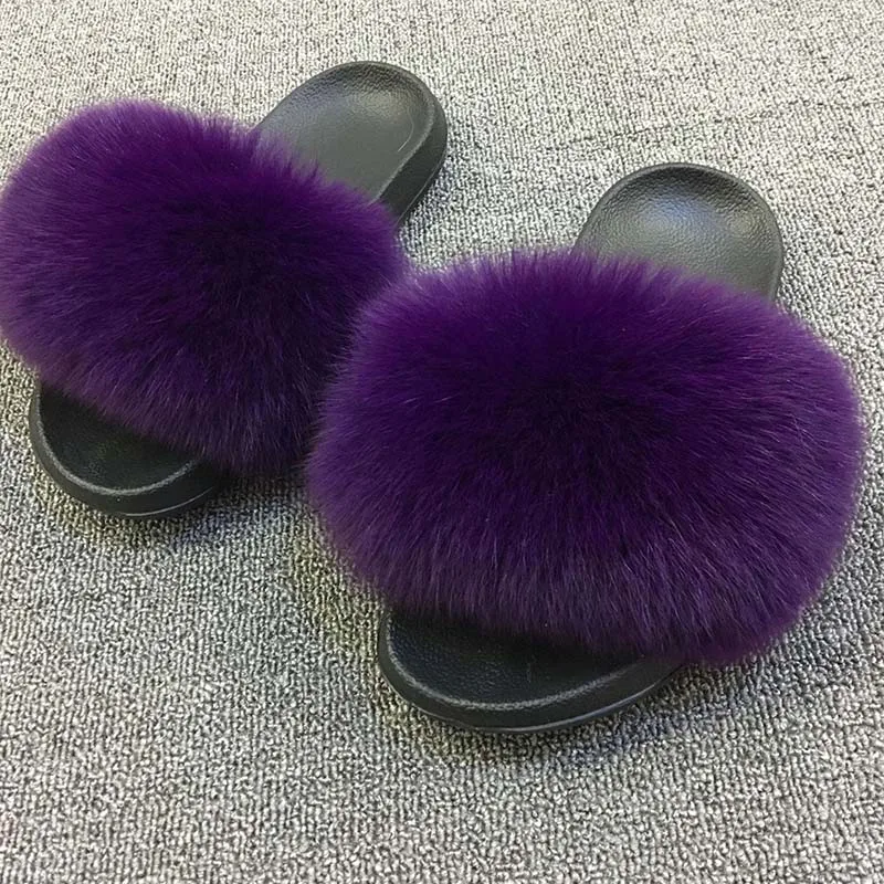 purple Женские меховые шлепанцы; шлепанцы с лисьим мехом; Вьетнамки с лисьим мехом; женские меховые сандалии на плоской подошве; домашние тапочки; коллекция года; брендовая Роскошная обувь - Цвет: purple