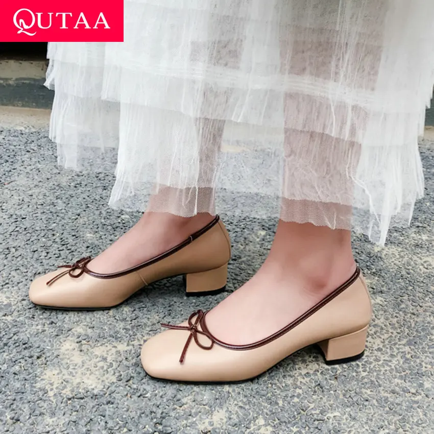 QUTAA/женские туфли лодочки из коровьей кожи на квадратном среднем каблуке с бантом
