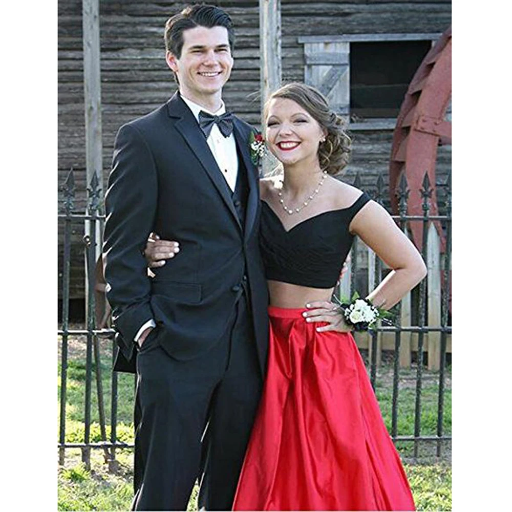 2017 New Two Pieces Gown Prom Dresses Long Pleat vestidos de fiesta Satin V-Neck Off Shoulder Evening Party Dress | Свадьбы и