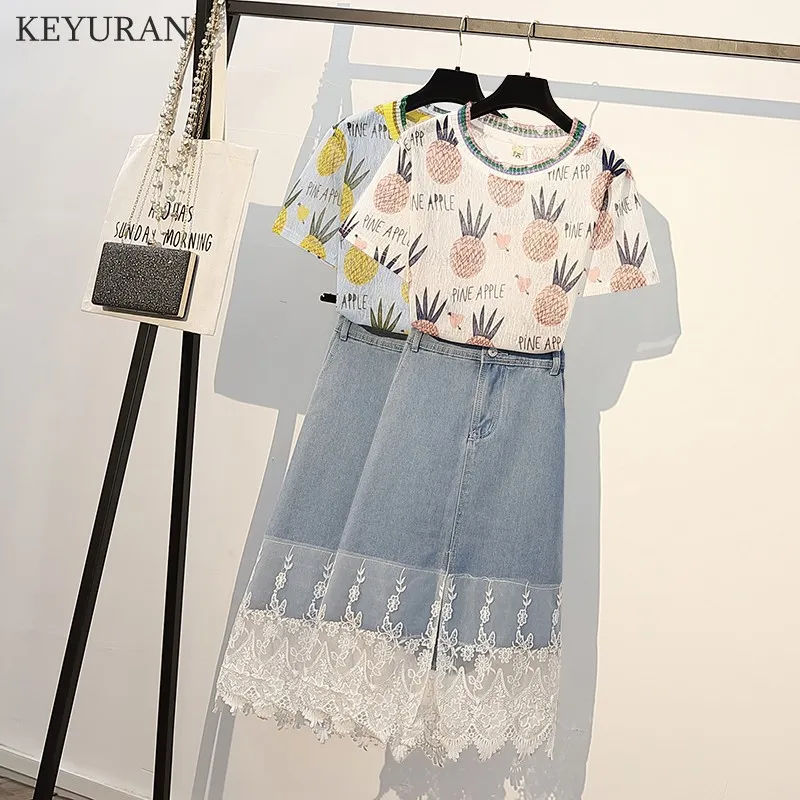 XL 5XL плюс Размеры Для женщин юбка из двух частей Комплект одежды 2019 летние ананас
