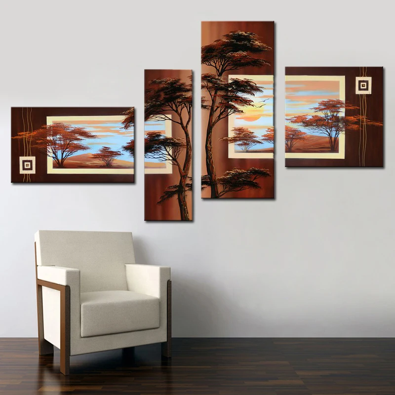 

High Skill Artists 100% Handmade Beautiful Tree Pine Landscape Oil Painting on Canvas 4 Piece Wall Art for Home Decor Unframed