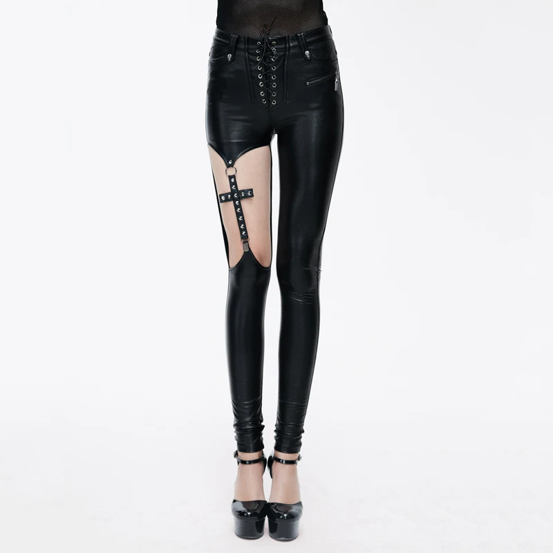 Женские облегающие брюки Devil Fashion в стиле панк из искусственной кожи черные