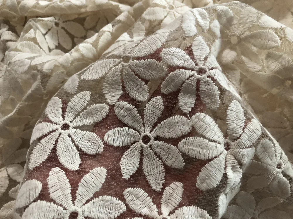 2 ярда нигерийские кружевные ткани для свадебного платья Off White Африканский шнур кружева ткани высококачественное гипюровое кружево сетка хлопок материал