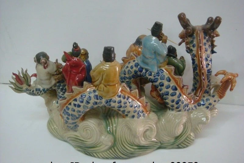 China Wucai Pottery Porcelain Dragon Sea Eight Immortals God Buddha Statue Set | Дом и сад