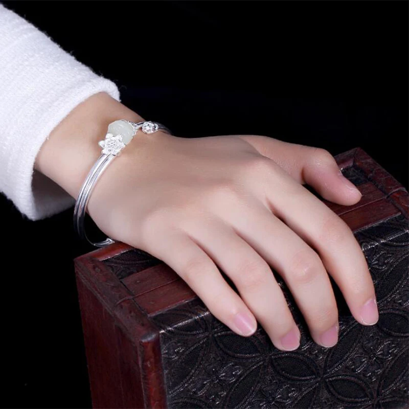 Женский браслет из серебра 2019 пробы с натуральным нефритом|Гибкие и жесткие