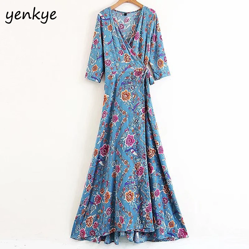 Boho 2018 Для женщин Винтаж с цветочным принтом праздничные Пляжное длинное платье