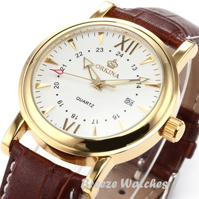 Мг. ORKINA Золотой чехол коричневый кожаный ремешок для часов Роскошные Кварцевые