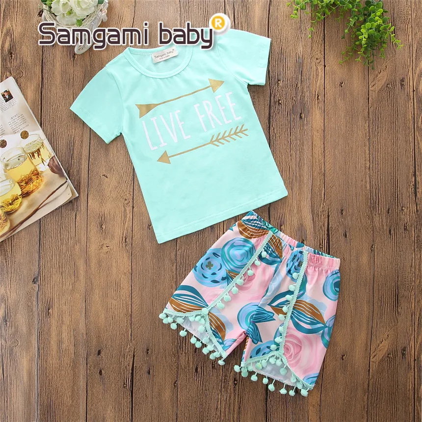 SAMGAMI летняя Милая одежда для маленьких девочек комплект из хлопковой футболки и