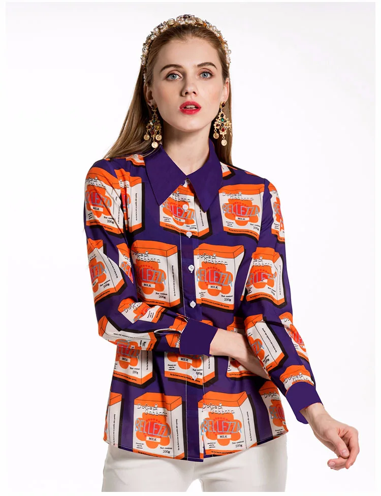 New Arrival 2019 Spring Summer Women's Turn Down Collar Long Sleeves Letters Geometric Printed Fashion Designer Shirts |