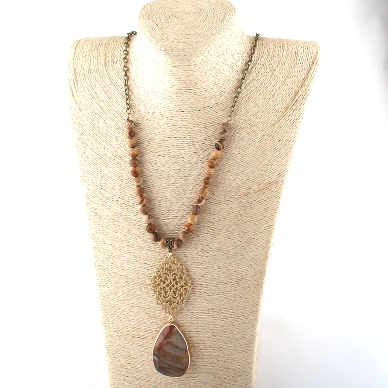 Fashion Bohemian Jewelry 8mm Stone and Chain Metal Grid Link Drop Necklaces For Women Ethnic Necklace | Украшения и аксессуары