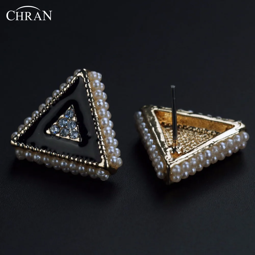 

CHRAN Unique Triangle Design Crystal Black Enamel Stud Earrings Jewelry Fashion Gold Color Simulated Pearl Earrings for Women