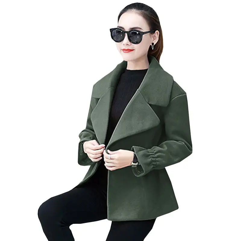 Autumn Winter Women Large Size Short Wool Coat Jacket New Slim Trumpet Sleeve Lapel Womens Overcoat Leisure Female Parkas WZ420 | Женская
