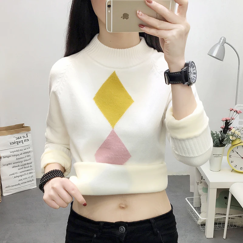High quality Elegance Thick Warm Women's Pullover Sweater Fashion Knitted With Velveeta Jumper Top Slim Female O-neck | Женская