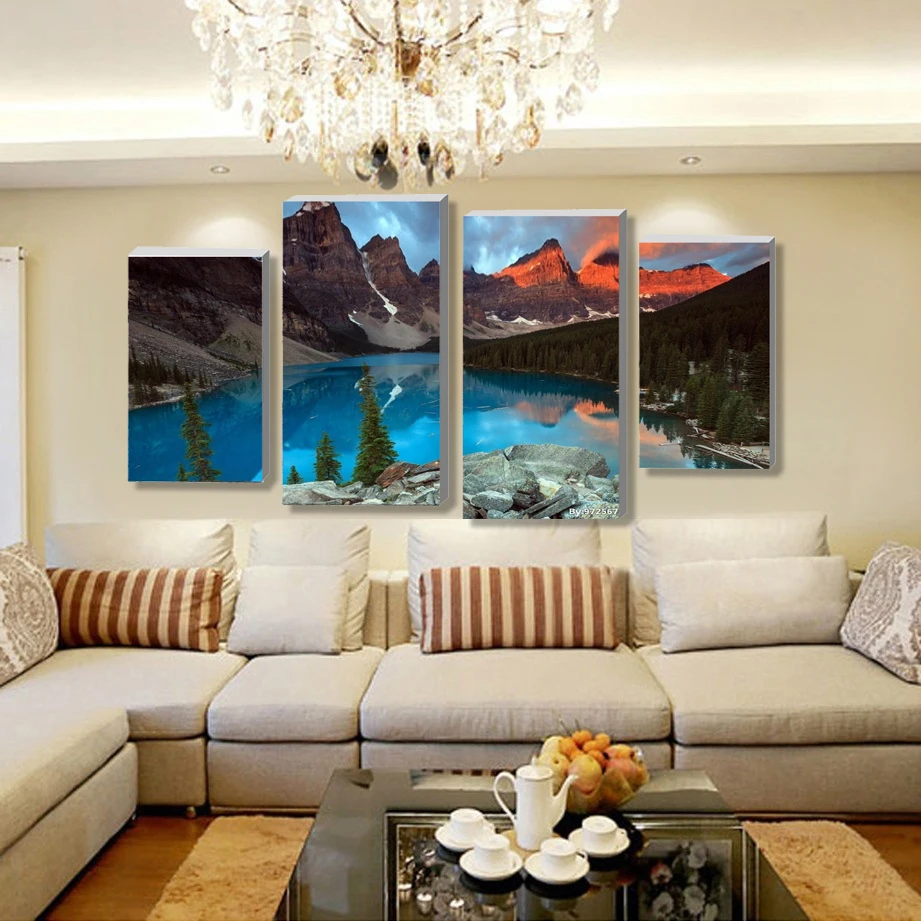 4 Панель наборы Красивый водопад пейзажная живопись цветы современные картины на