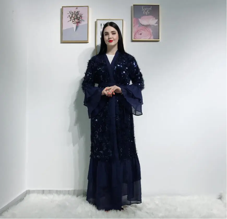 Мода Дубай блёстки Абая для женщин роскошное мусульманское Макси caftan открытое переднее арабское турецкое исламское платье Абая Дамская одежда