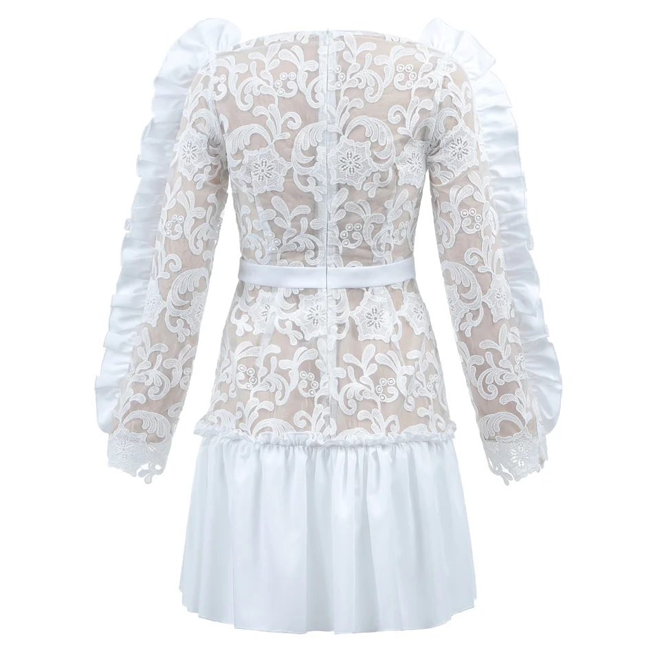 Романтичное женское Сетчатое платье с оборками и вышивкой Vestidos длинным рукавом v