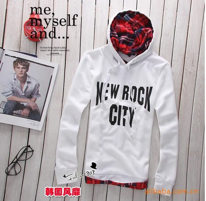 New Fashion Winter Men V-neck Two Lattice Flanging Fleece Hoodied Sweater Free shipping | Мужская одежда