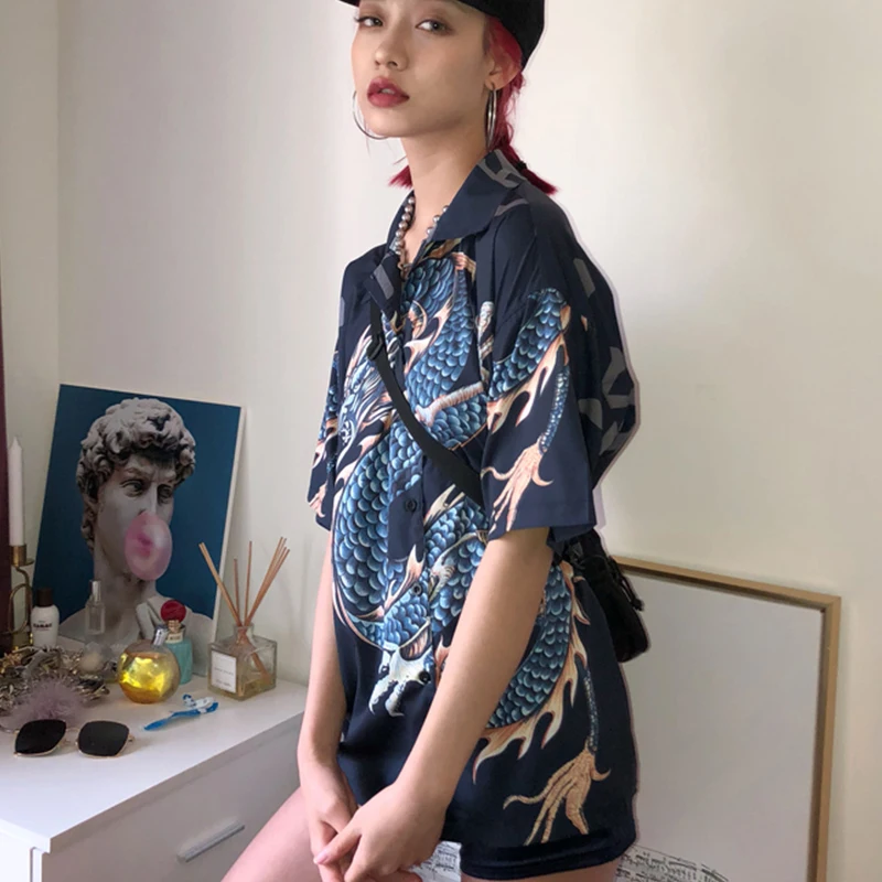 Cheerart harajuku блузка женская летняя рубашка дракон принт streetwear топ женский красная с