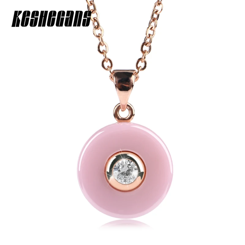 Romantic Lovely Pink Ceramic Pendant Necklace Simple Style Round Pendants Gold Silver Rose Color For Women Girl Best Gifts | Украшения и