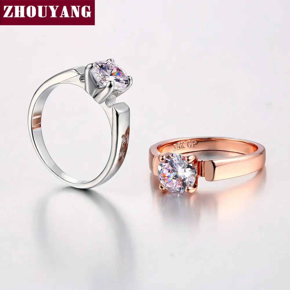 ZHOUYANG, обручальное кольцо для женщин, 4 зубца, классика, 7 мм, кубический цирконий, розовое золото, цвет и серебро, модное ювелирное изделие ZYR054 ZYR053