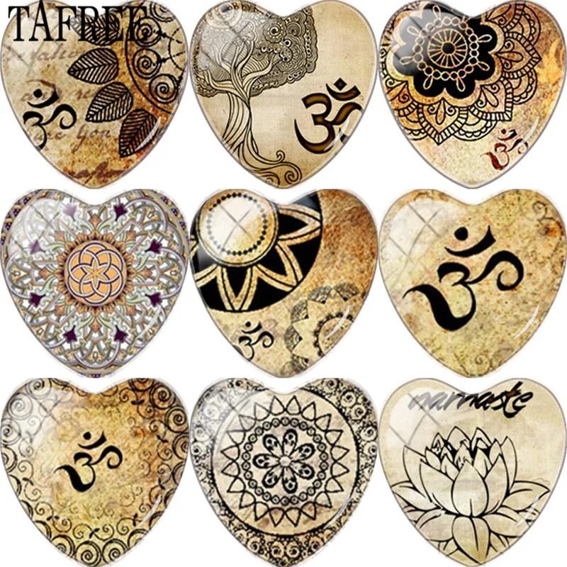 

TAFREE Vintage India Henna Yoga Mandala Flower Heart Shape 25mm Glass Cabochon Charms Pendant Flat Back Making Findings