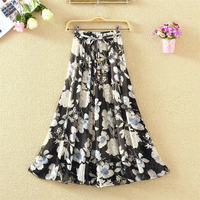 

Floral Print Pleated Skirts Women 2019 Spring Summer Midi Long Korean Elegant High Waist A-line Sun Skirt Female