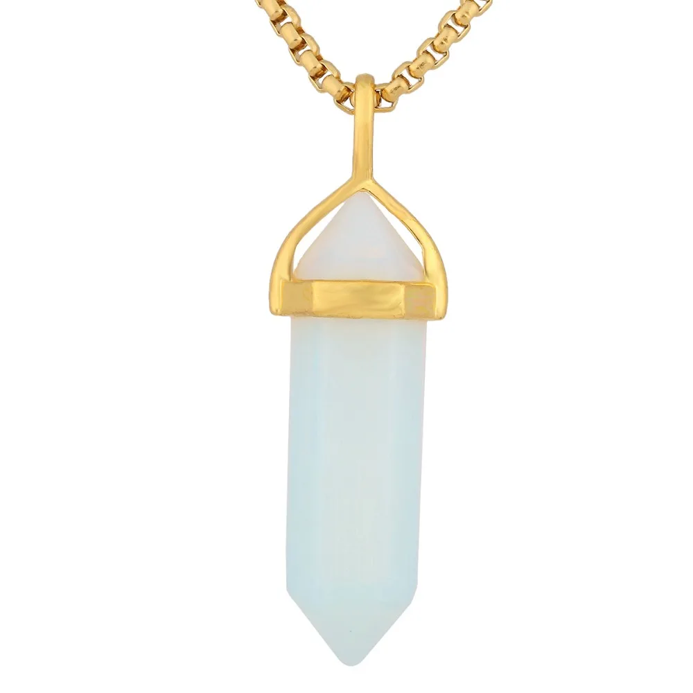 

SUNYIK Opal Opalite Stone Six Pyramid Column Bead Healing Chakra For Necklace (Free Chain)
