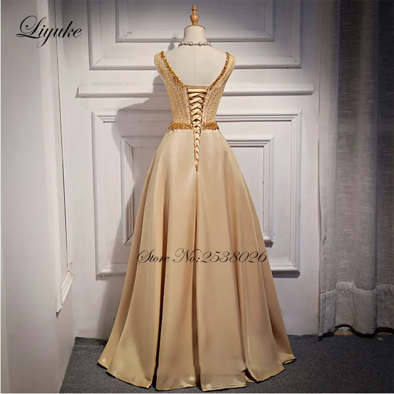 Золотой Цвет трапециевидные вечерние платья с Бисер v образный вырез элегантные