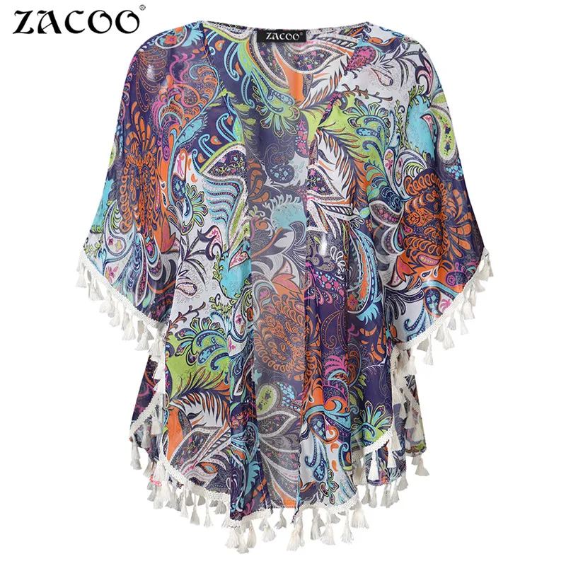 Zacoo женские Цветочные Пейсли печати Повседневная Блузка Свободные кисточкой