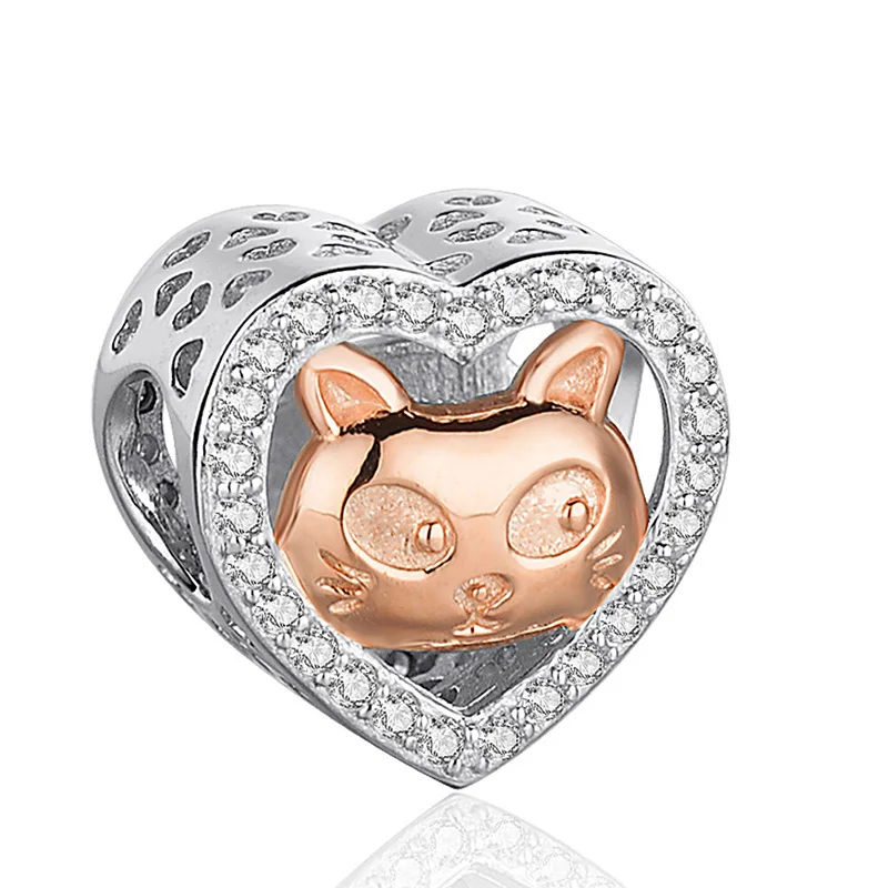 Серебро 925 оригинальные бусины кошка с сердцем и фианитом подходят для