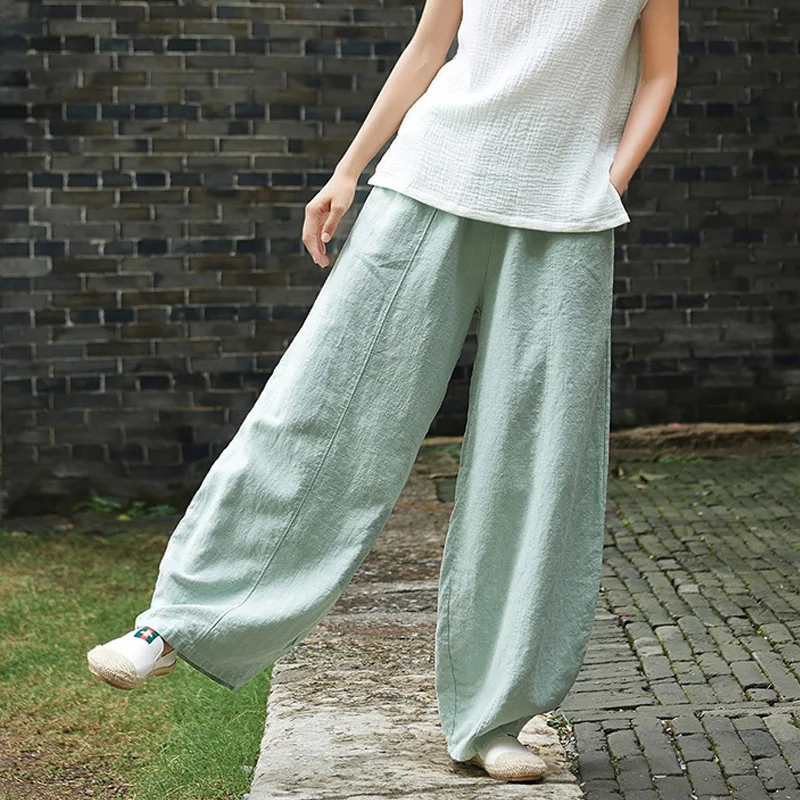 Брюки женские винтажные с карманами эластичной талией хлопковые льняные