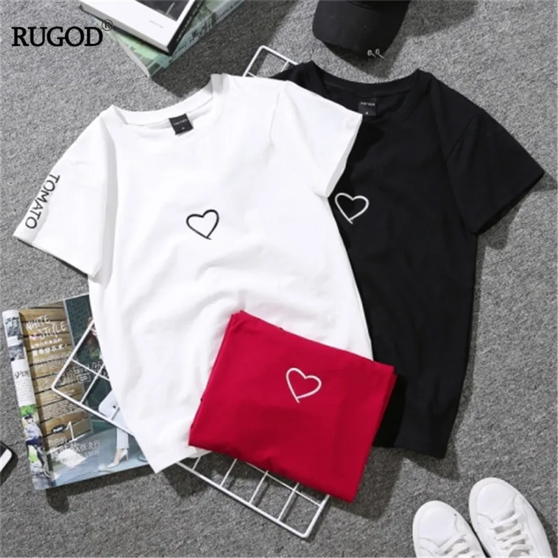 RUGOD корейская модная женская летняя футболка с круглым вырезом и геометрической вышивкой в виде сердца простая повседневная женская футболка в консервативном стиле