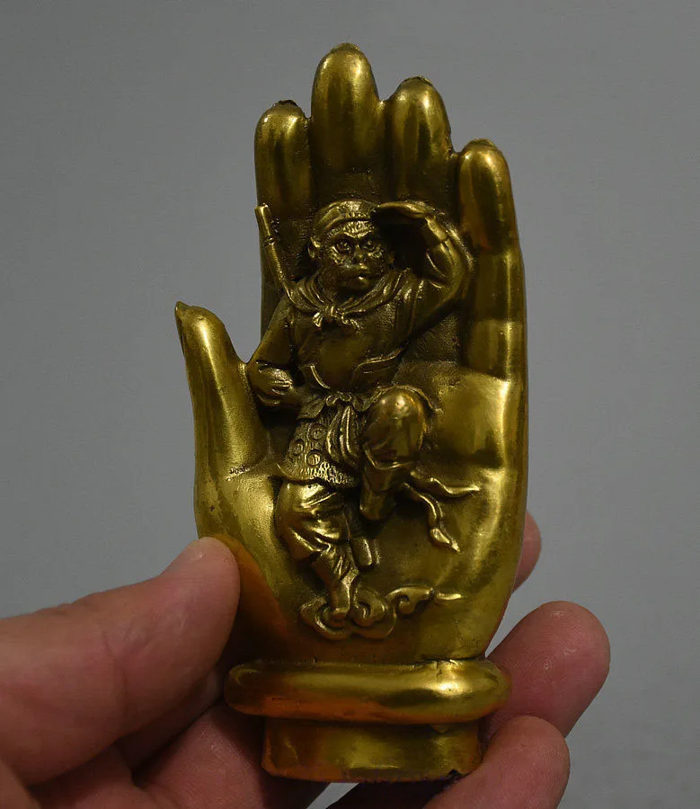 Китай латунь известное путешествие West Sun Wukong Обезьяна Король Бог в статуе рука