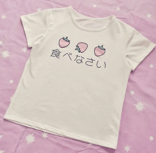 2016 летние японские HARAJUKU яйца клубника печатные футболка Kawaii женские с коротким
