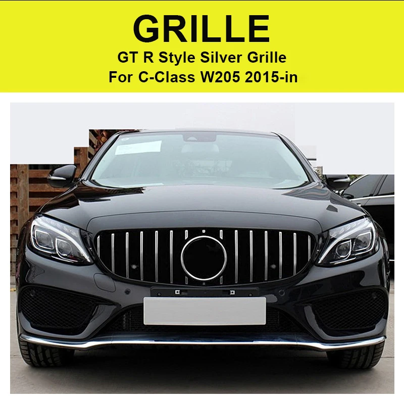 W205 GTS Style ABS Silver Front Grilles For C-Class C180 C200 C250 Sport without Camera Hole Bumper Grille 2015-in | Автомобили и