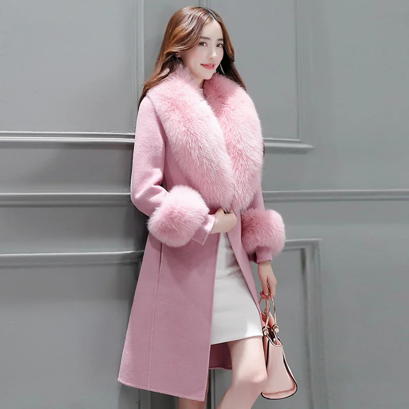 Pink Женское зимнее роскошное шерстяное пальто с большим меховым воротником, плотное теплое шерстяное пальто, женские новые модные куртки, облегающие пальто H201 - Цвет: Pink