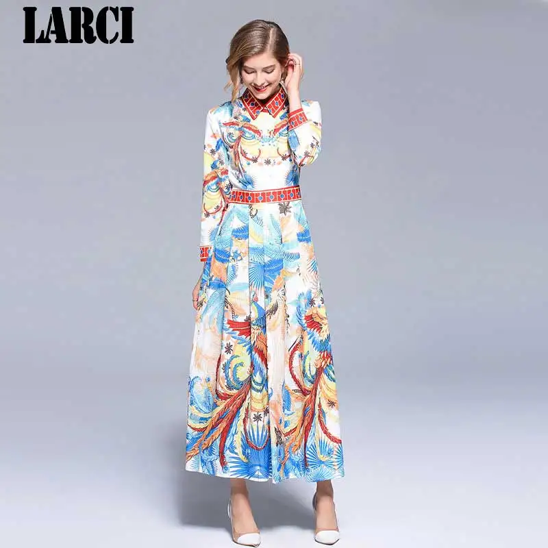 LARCI печати ретро платье макси Vetement Femme 2018 осень Для женщин Длинные вечерние халат
