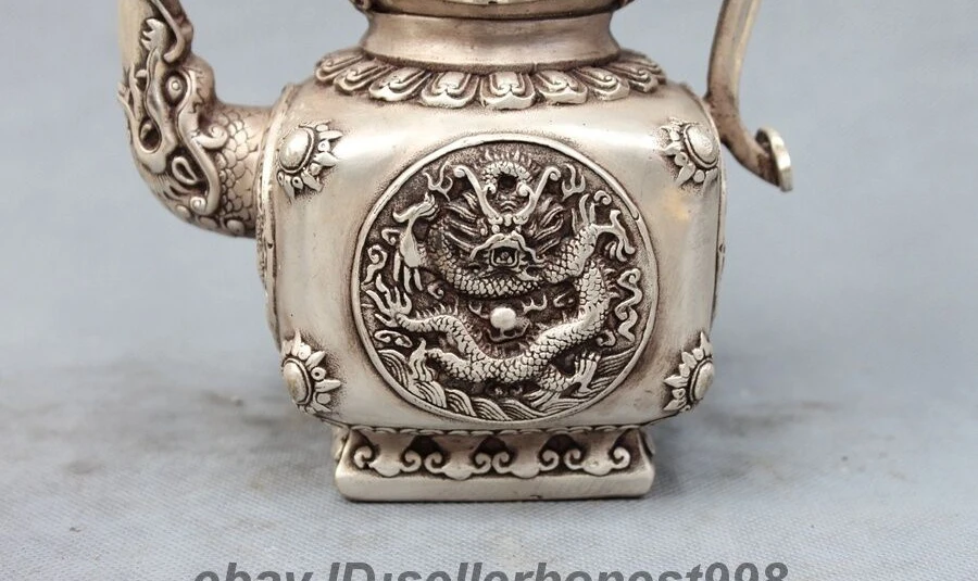 14 китайский Тибетский серебристый Dragon King kylin статуя дворец чайник | Дом и сад
