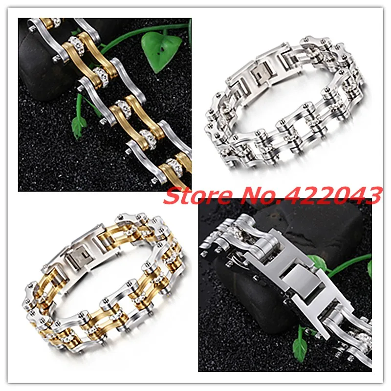

9"*20mm Fashion Stainless Steel Bike Bracelet Men With White CZ Stone Bicycle Motorcycle Chain Link Bracelets Punk Rock Jewelry