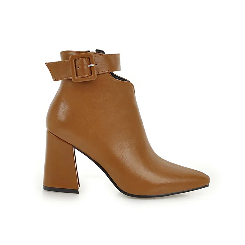 WETKISS/женские ботинки на высоком каблуке с ремешком на щиколотке женские ботинки на молнии с острым носком обувь из искусственной кожи новинка года; Сезон Зима; большие размеры 34-46