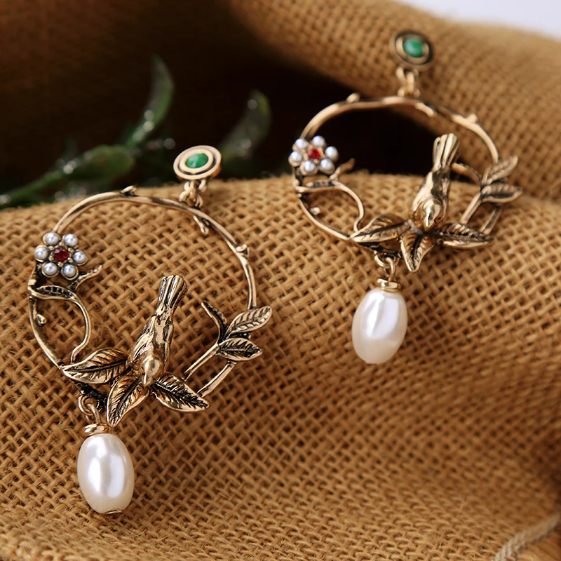 2017 Модные Винтажные Ювелирные изделия сплав листья птицы подвеска петли серьги