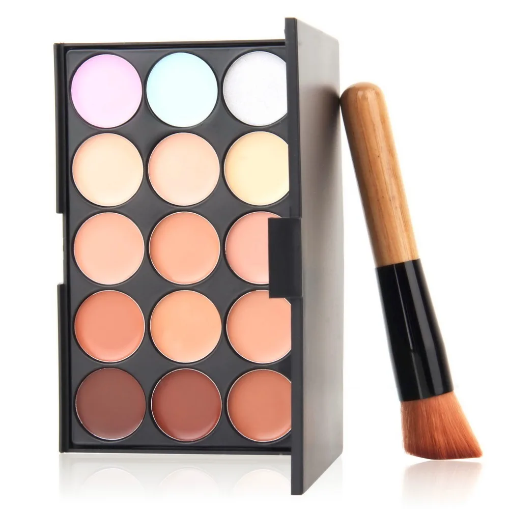 

Professional 15 Colors Eyeshadow Contour Face Cream Makeup Concealer Palette With Foundation Oblique Brush