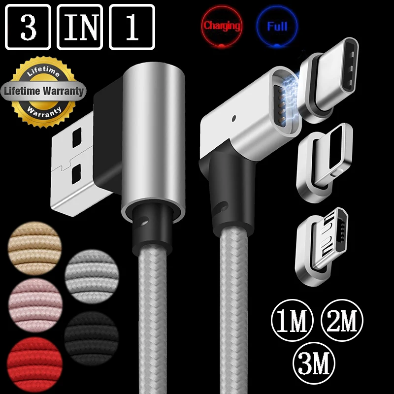 1 м 2 3 в 90 Угол магнитного USB C Type C/IOS/Micro кабель для передачи данных Apple iPhone X 8 7 6 6s Xiaomi