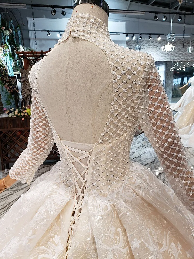 Женское свадебное платье со шлейфом SSYFashion роскошное цвета шампанского с длинным