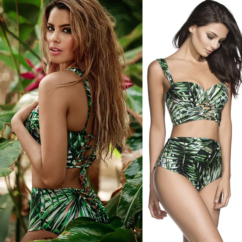Женский купальник бикини из двух предметов с зелеными бамбуковыми листьями