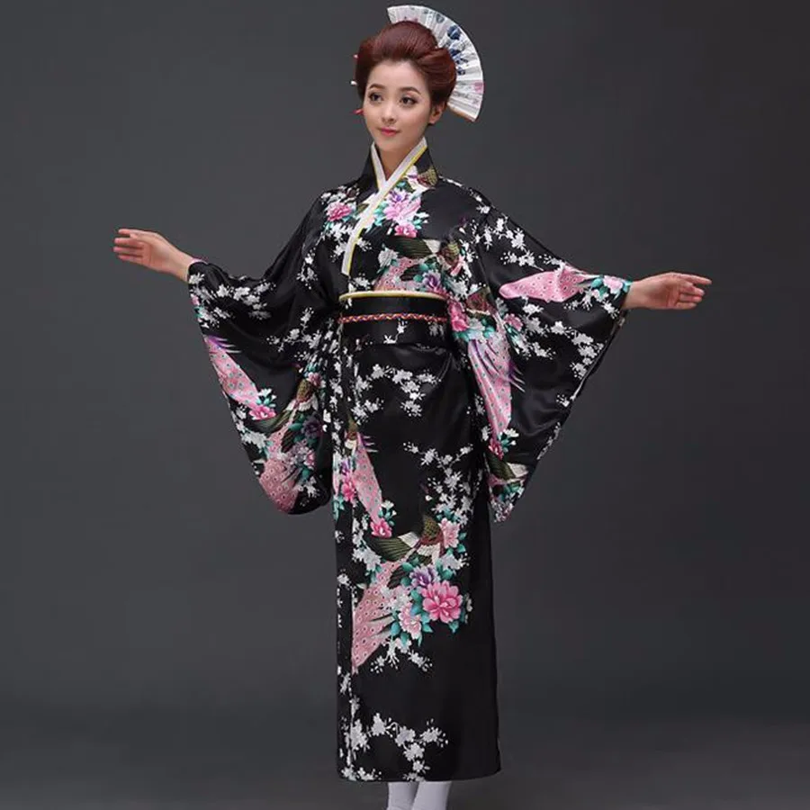Black peafowl Japanese Kimono Women's Polyester Satin Yukata Evening Dress Haori With Obi One Size | Тематическая одежда и