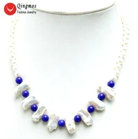qingmos natural pearl necklace for women with 6 7mm round 12 15mm biwa pearl 6mm blue jades necklace jewelry 17 nec6127