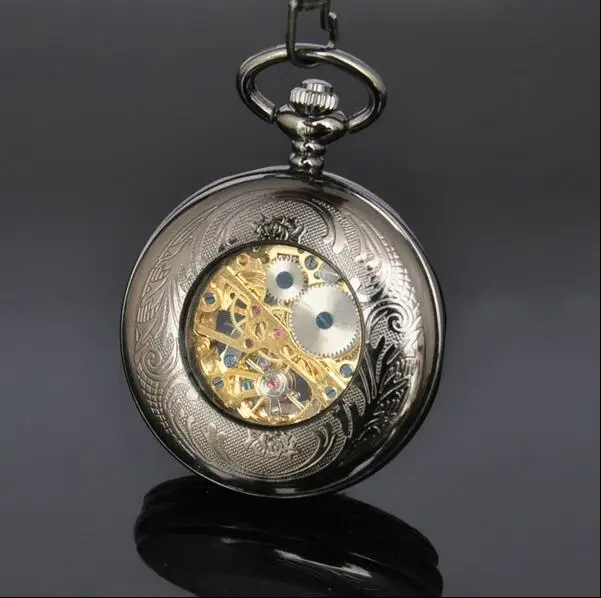 

Vintage Black antique Chinese knot pattern Hollow men Roman numerals mechanical gift pocket watches and FOB chain watches